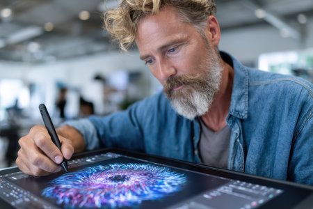 Man creates intricate digital art on a tablet in a contemporary office environment.の素材
