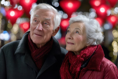 An elderly couple admires colorful heart-shaped decorations while wrapped in warm scarves during a winter evening.の素材
