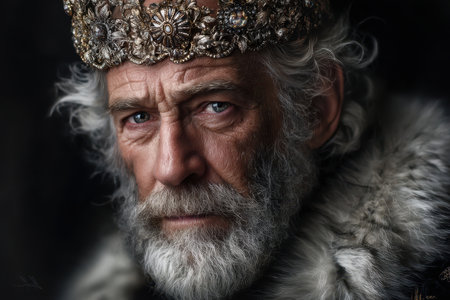 An elderly man gazes intensely, adorned with a crown and fur, exuding a regal presence.の素材