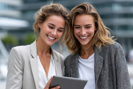 Two women smile broadly while looking at a tablet, enjoying each other's company in a modern city setting.の素材