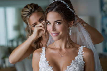 A bride smiles as a friend adjusts her veil and hair before the wedding ceremony in a bright room.の素材