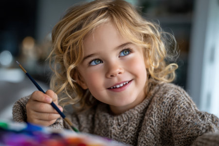 A child with curly hair happily paints at a table, surrounded by vibrant colors and a warm atmosphere.の素材