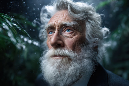 An elderly man with a long white beard and glasses looks thoughtfully into the distance, surrounded by greenery.の素材