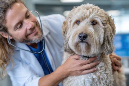 A veterinarian checks a friendly dog in a veterinary clinic, providing attentive care and compassion.の素材