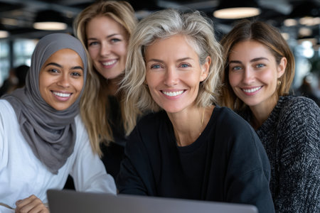 Four women with diverse backgrounds collaborate and smile happily in a bright, contemporary office setting.の素材