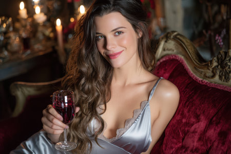 A woman in a silky outfit enjoys a glass of wine, surrounded by warm candlelight and ornate decor.の素材