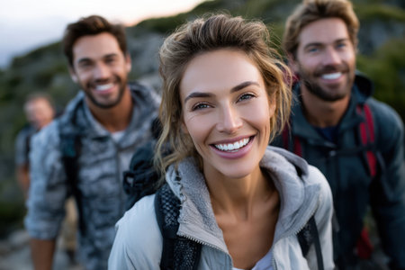 Group of friends hiking together, smiling joyfully while enjoying nature's beauty at dusk.の素材