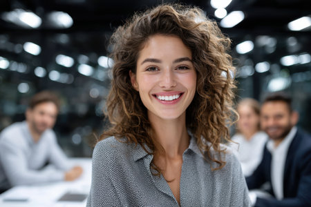 A confident woman with curly hair smiles brightly, surrounded by colleagues in a modern office.の素材