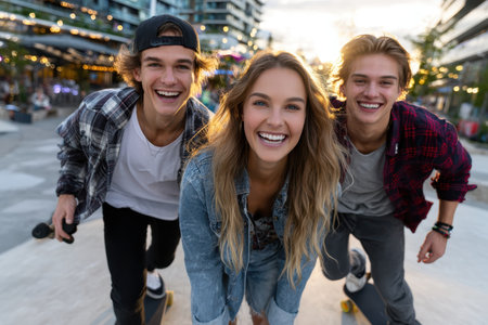 Three friends smile broadly while skateboarding in a vibrant urban area during sunset.の素材