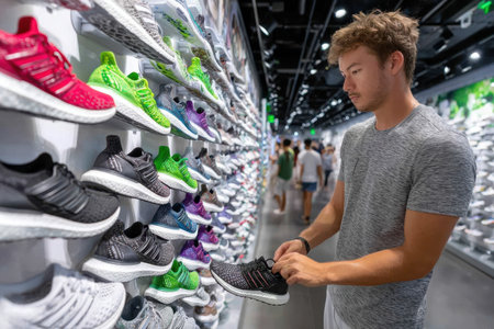 A young man browses through a vibrant display of athletic shoes in a busy store, selecting a pair.の素材