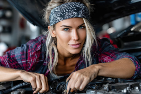 A confident mechanic inspects a car engine, showingcasing expertise in a bright garage environment.の素材