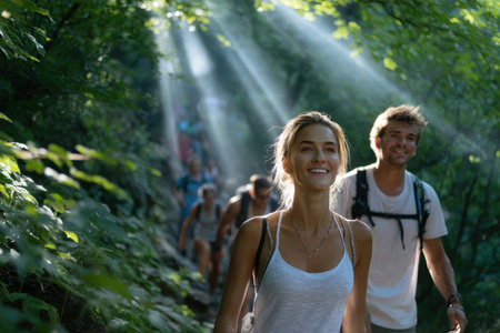 A group of hikers are navigating a sunlit forest trail, surrounded by lush greenery and warm light.の素材
