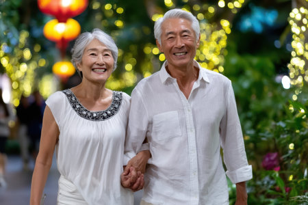 A joyful couple strolls side by side, enjoying the enchanting atmosphere of a garden adorned with lights.の素材