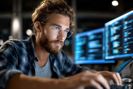 Tech enthusiast works diligently at his desk, focused on programming with bright screens illuminating the room.の素材