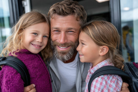 Father reunites with his daughters at the airport, sharing smiles and warmth after being apart.の素材