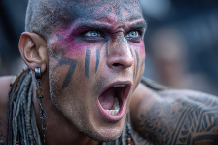 A fierce warrior with striking tattoos yells passionately, showing intense emotion and cultural heritage.の素材
