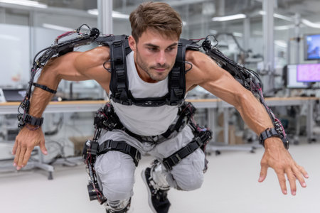 A man demonstrates the capabilities of a high-tech exoskeleton in a modern research facility, showing agility.の素材