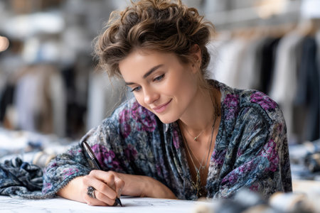 A creative woman expertly sketches fashion designs in a stylish studio filled with fabric and light.の素材