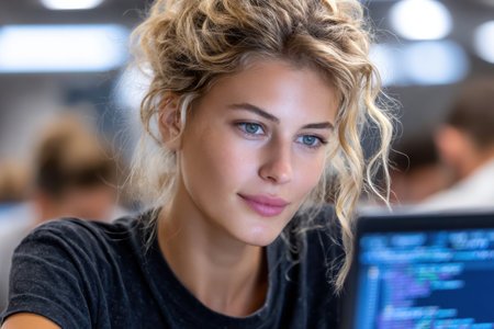 A young woman attentively writes code on her laptop in a bright, contemporary office environment.の素材