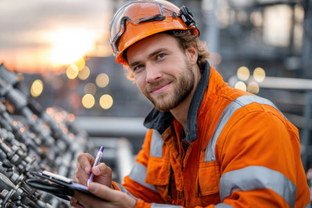 A worker in bright orange safety gear records observations at an industrial location while sunset casts a warm glow.の素材