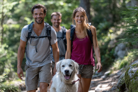 Friends share laughter while hiking on a forest trail accompanied by their playful dog on a sunny day.の素材