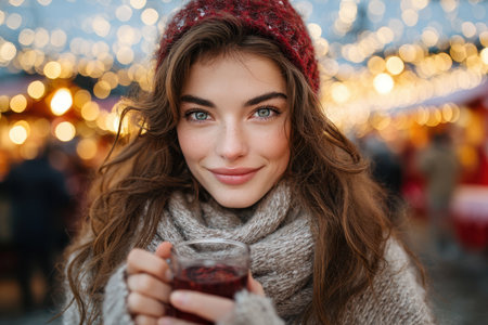 A young woman smiles while holding a warm beverage, surrounded by twinkling lights at a winter market.の素材