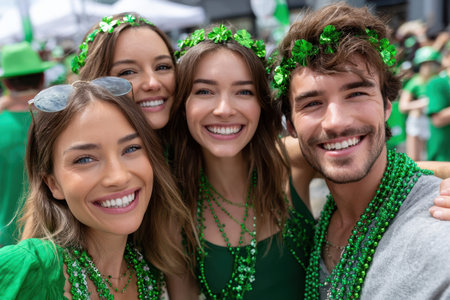 Four friends smile widely while enjoying a joyful St. Patrick's Day celebration filled with green decorations.の素材