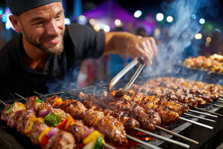 A skilled chef carefully tends to delicious skewers on a grill, surrounded by the vibrant atmosphere of a night market.の素材