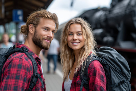 Young couple with backpacks smiles at the train station, excited for their upcoming journey together.の素材
