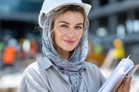 A woman in a hard hat and scarf inspects construction plans while overseeing a bustling site.の素材