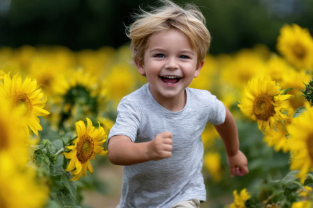 A young boy with blonde hair smiles broadly while running amidst vibrant sunflowers under clear blue skies.の素材