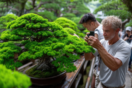 In a serene garden, enthusiasts observe and capture the beauty of vibrant bonsai trees surrounded by greenery.の素材
