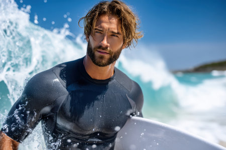 A man with long hair holds a surfboard as he wades through ocean waves in bright sunlight.の素材