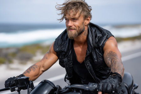 A bearded man confidently rides a motorcycle next to the ocean, enjoying a clear sky and scenic route.の素材