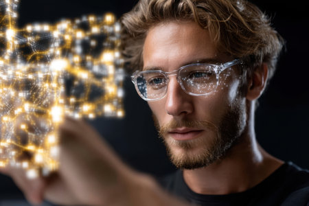 A man with glasses examines a glowing digital hologram in a darkened space, showing innovation and creativity.の素材