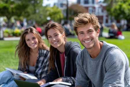 Three friends smile while studying on the grass in a park, surrounded by greenery and sunshine.の素材