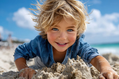Child joyfully builds a sandcastle on the beach, enjoying the warm sun and sea breeze.の素材