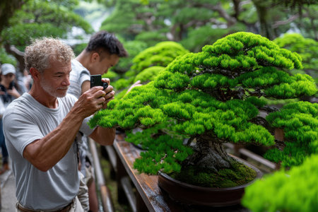 In a serene garden, enthusiasts observe and capture the beauty of vibrant bonsai trees surrounded by greenery.の素材