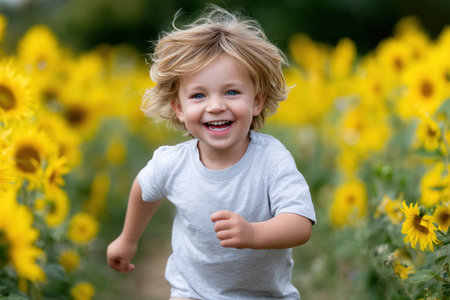 A joyful child with curly hair runs through a vibrant sunflower field, enjoying a sunny day outdoors.の素材