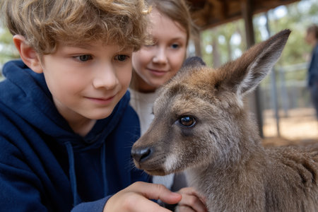 Two children joyfully engage with a kangaroo, experiencing wildlife up close in a sunny outdoor setting.の素材