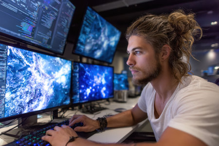 A man with long hair is intently coding at multiple computer monitors in a sleek office environment.の素材
