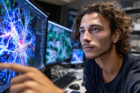 A focused researcher examines intricate visual data displayed on large screens in a contemporary laboratory.の素材
