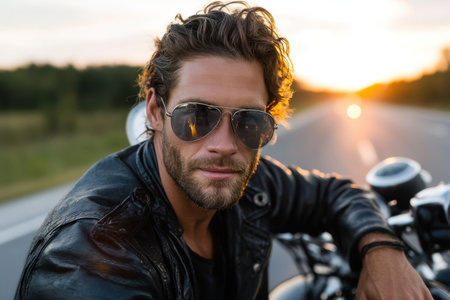 A stylish man wearing sunglasses leans on his motorcycle while enjoying a scenic sunset on a quiet road.の素材