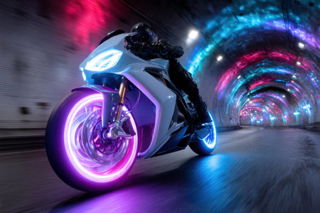 A sleek motorcycle speeds through a tunnel illuminated by vibrant neon lights during nighttime.の素材