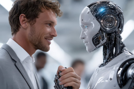 A man smiles as he engages with a humanoid robot during a technology showcase event.の素材