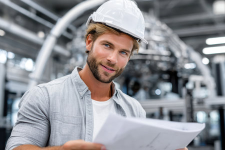 A skilled worker is analyzing blueprints in a modern factory, ensuring project details are accurate and clear.の素材