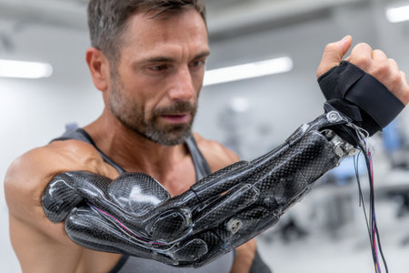 A man focuses on his cutting-edge prosthetic arm during a rehabilitation session in a modern facility.の素材
