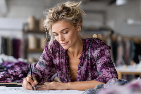 A designer focuses intently while sketching stylish fashion ideas in a bright, creative studio setting.の素材