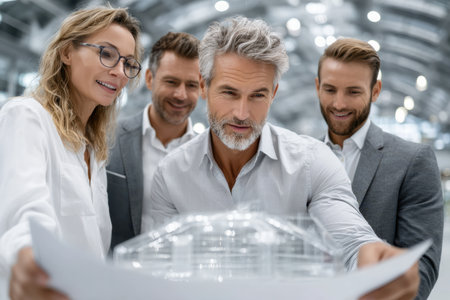 Group of four professionals collaborating on project details in a contemporary office space during daylight.の素材