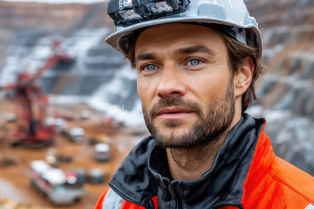 A quarry worker wearing a helmet stands amid heavy machinery, focused on safety during rain.の素材